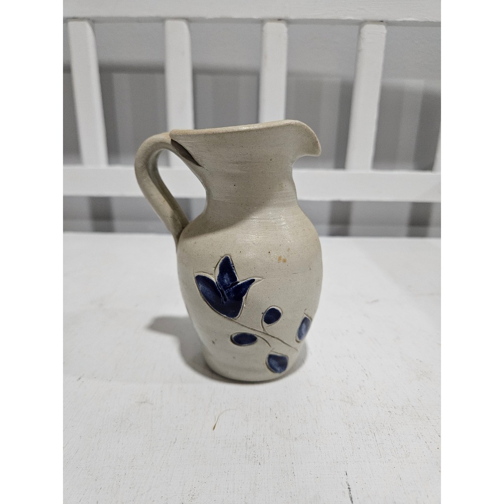 Williamsburg Pottery Stoneware Pitcher Jug Blue Flower Salt Glaze Farmhouse